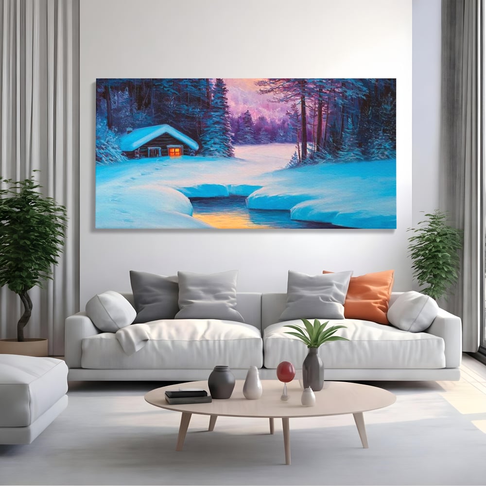 Tablou canvas cu pictura cu cabana inzapezita si parau, fara rama, pe sasiu de lemn, pe perete intr-un living